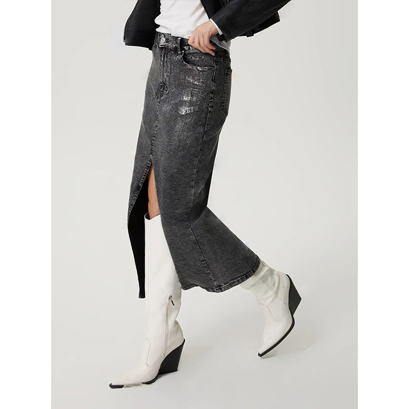 Women Clothing Retro Suitable for Silver Craft Denim Skirt