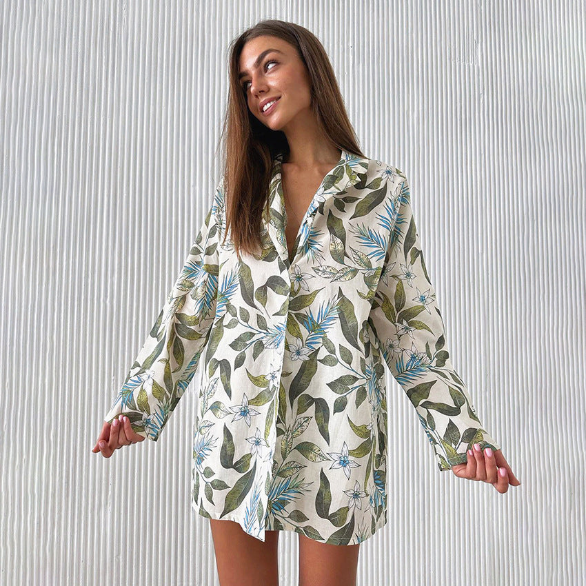 Spring Satin Printed Pajamas Two Piece Cardigan Long Sleeve Shorts Ladies Homewear