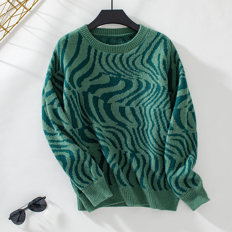 Zebra Pattern Pullover Women Clothing Knitwear Autumn Winter Pullover round Neck Sweater for Women Green