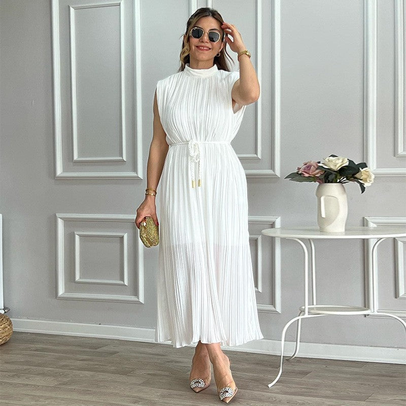 Women Clothing Spring Summer Simple Half Turtleneck Waist-Controlled Lace up Mid Length Dress