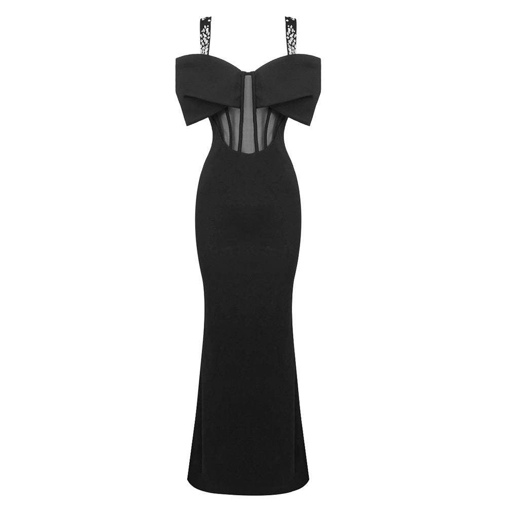 Winter Black Rhinestone Strappy Bow Semi Transparent Maxi Dress Slim Ladies Dress Black