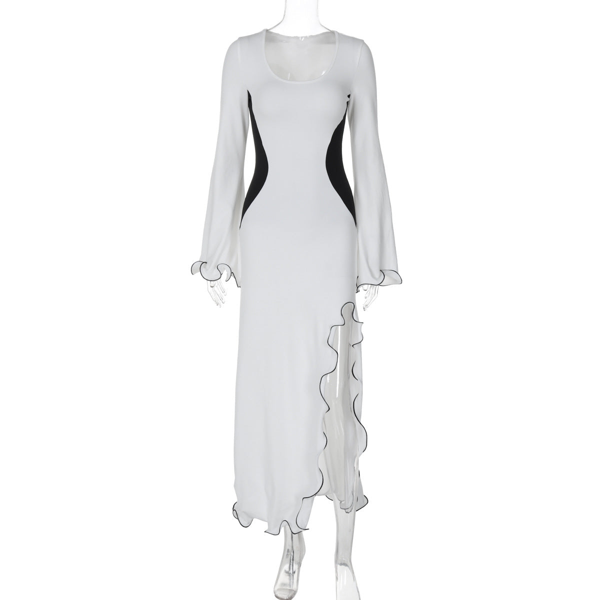 Women Clothing Fall Sexy Slim Fit High Waist Stitching Split Long Sleeve Dress Women White