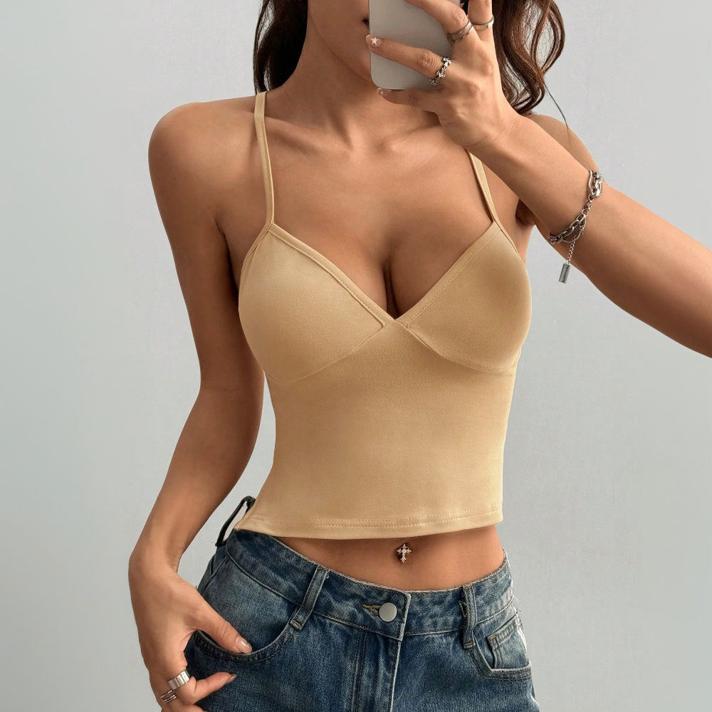 Women Clothing Spring Summer Sexy Bare Back T shirt Slim Fit Sexy Strap Short Top Apricot