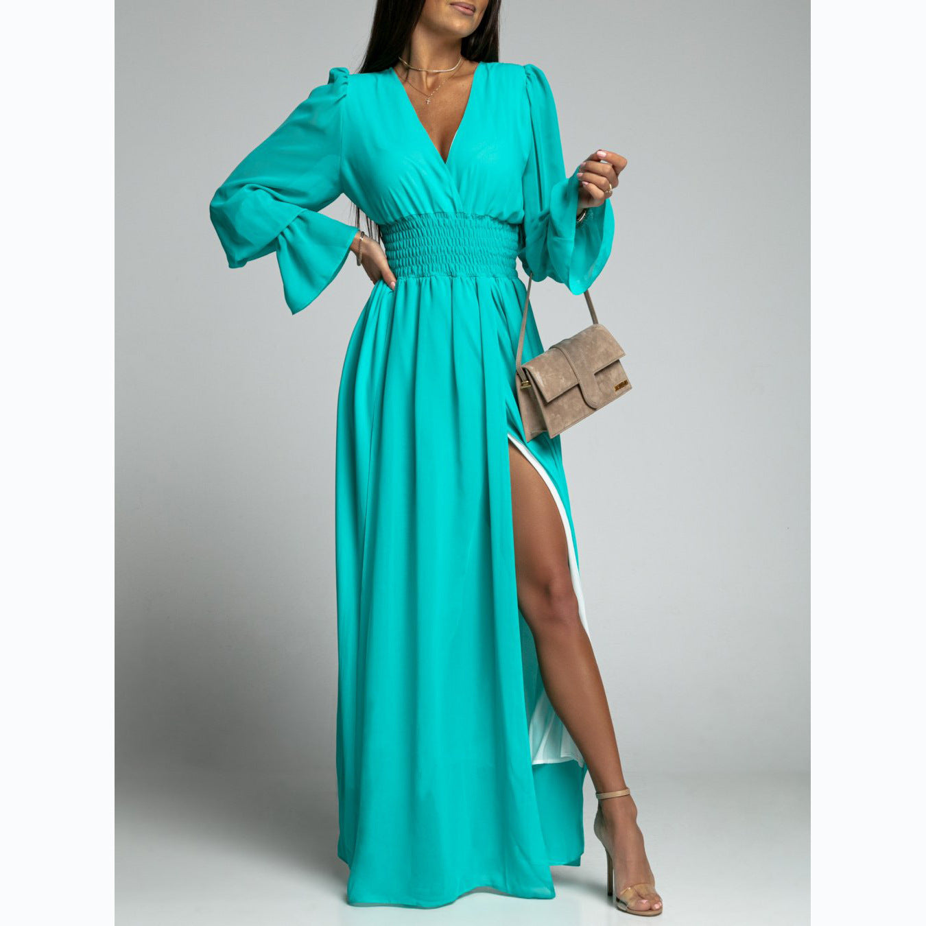 Spring Summer Waist-Tight Petal Sleeve Chiffon Dress