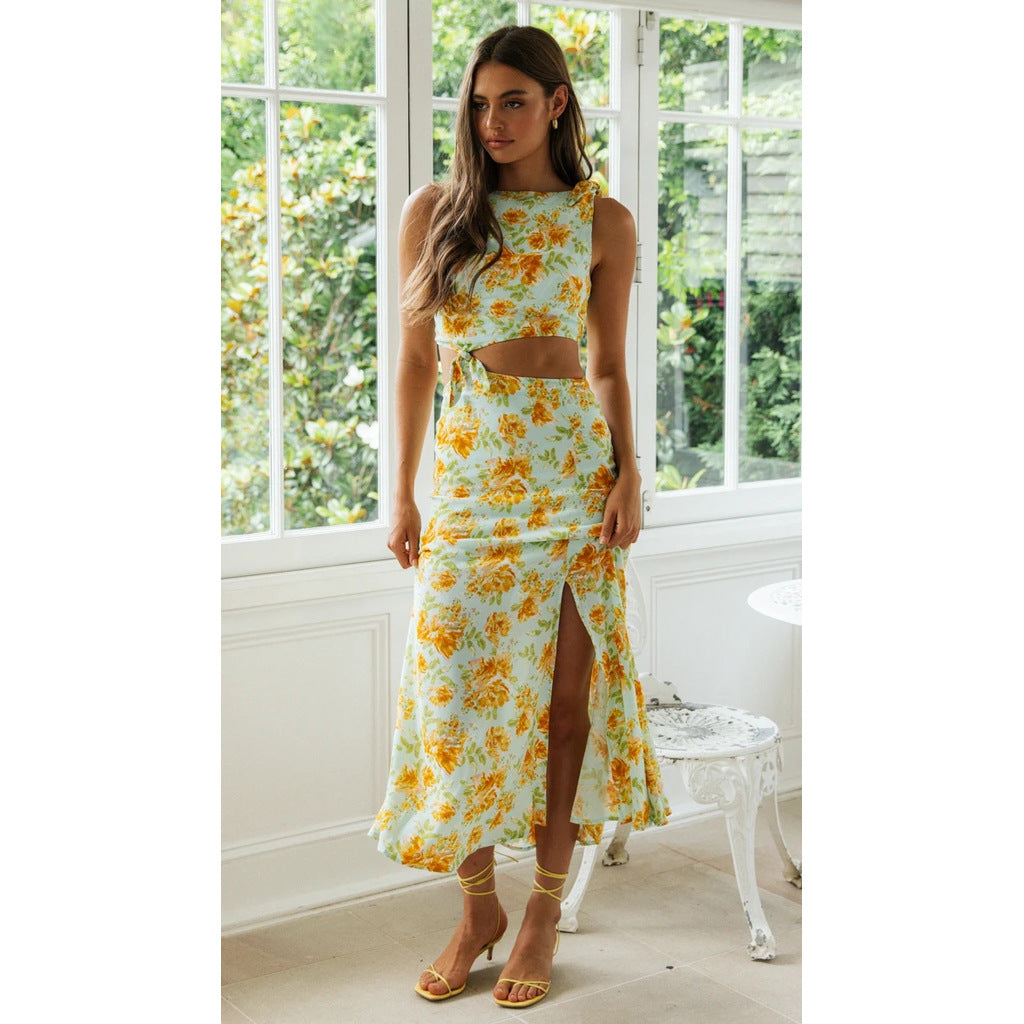 Spring Summer Digital Floral Print Fresh Vestidos Sweet Tie-Neck Sleeveless Estampado Floral Dress