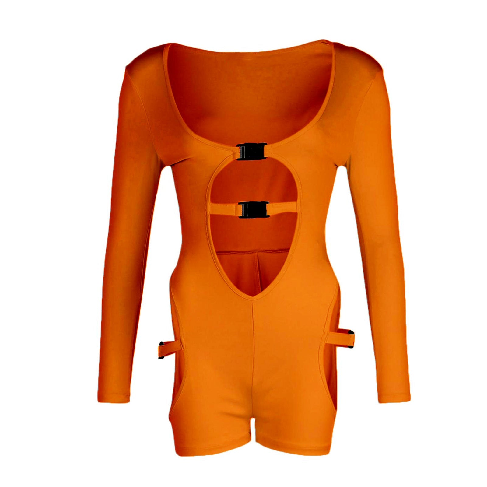 Women Sexy Hollow Out Cutout Release Buckle Hollow Out Cutout out Long Sleeve Casual Romper Orange