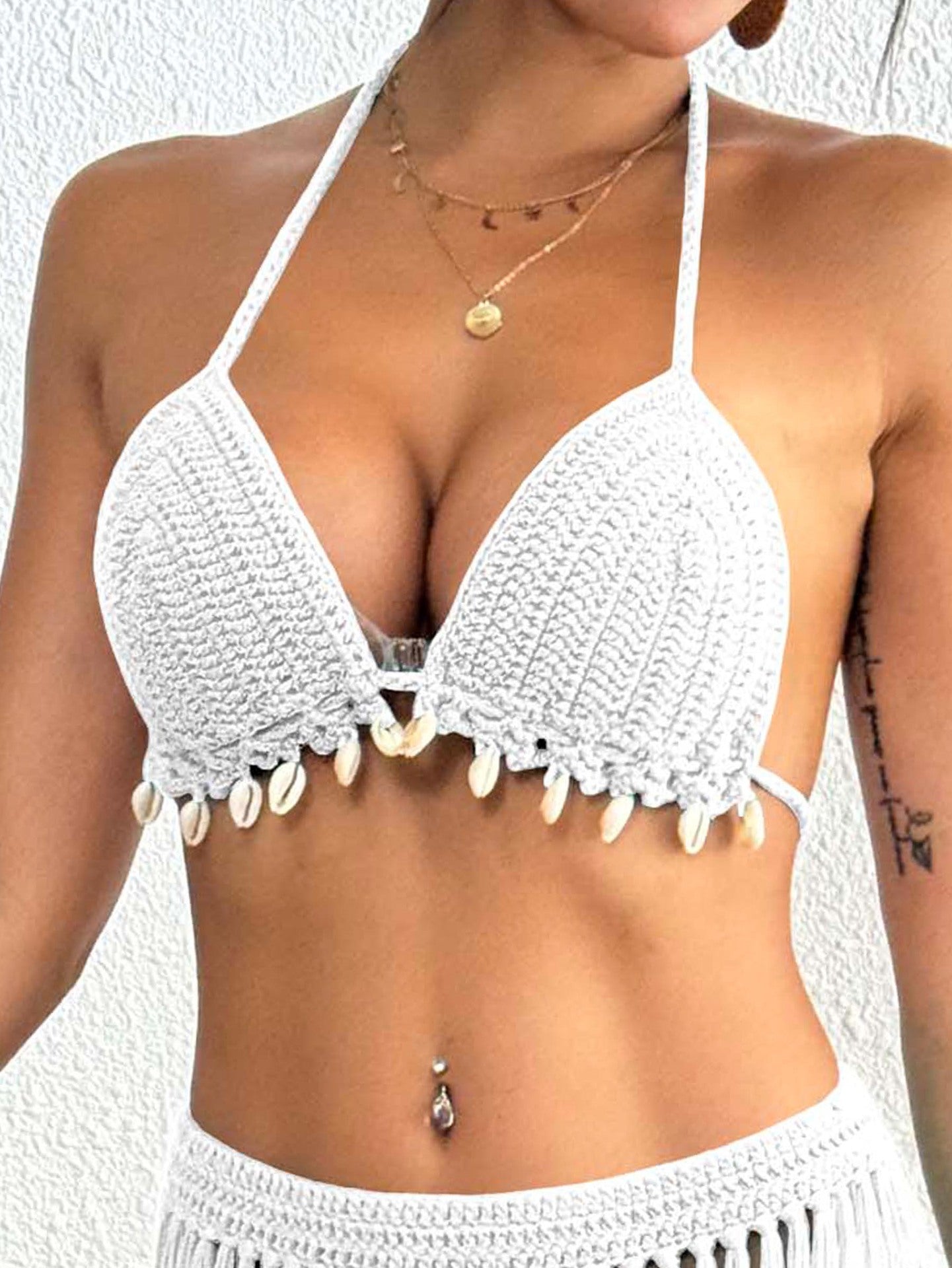 Women Top Women Clothing Handmade Shell Stitching Banded Bikini Swimsuit Top Beach Overclothes One Size White