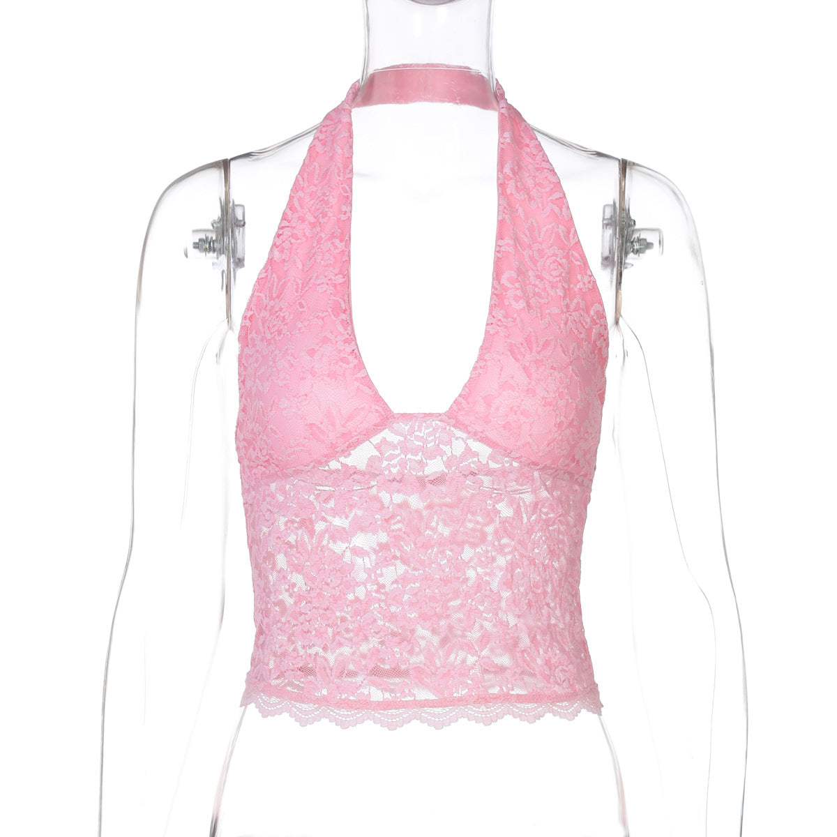 Women Clothing Winter Sexy Hollow Out Cutout Lace Slim Sexy Vest All Matching Halter Top Pink