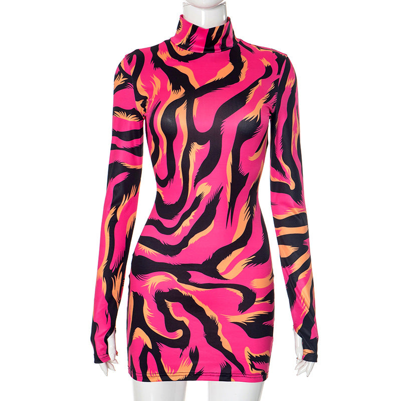 Women Clothing Zebra Print Half High Collar Long Sleeves Sexy Hip Rose Red