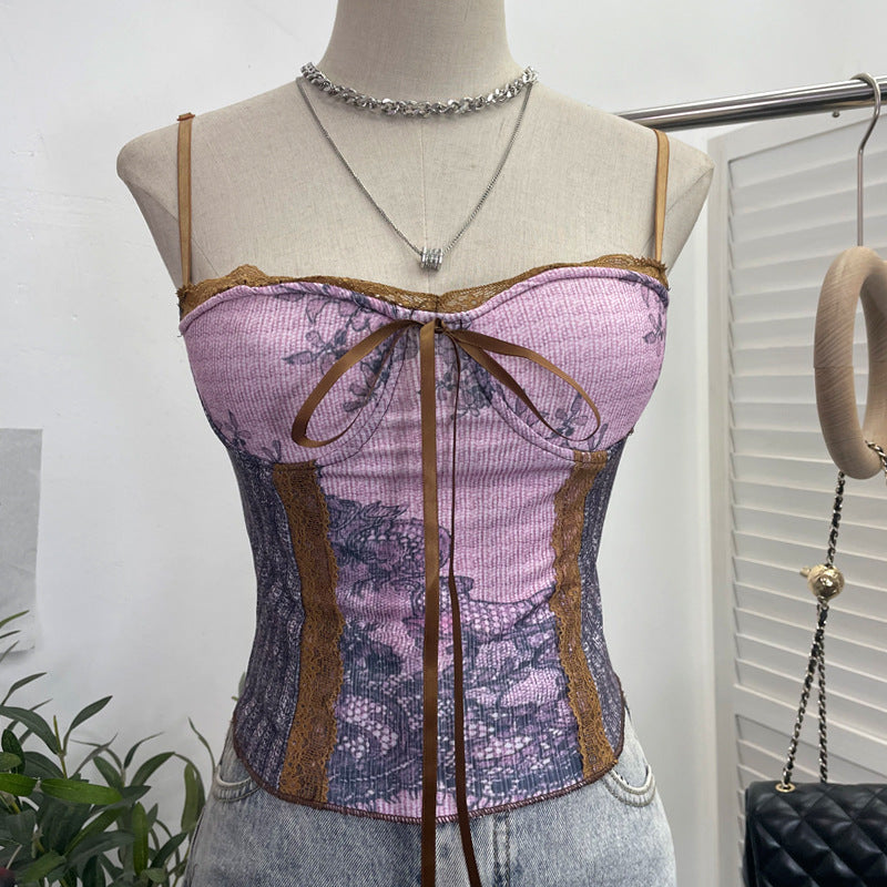 Vintage Ink Painting Niche Sexy Strap Vest with Chest Pad Short Lace up Tube Top Women One Size Purple