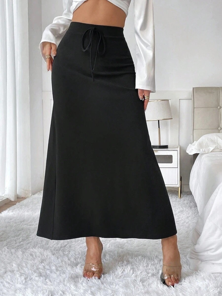 Women Clothing Popular Satin Satin Skirt Spring Autumn High Waist Lace up Long Skirt Black