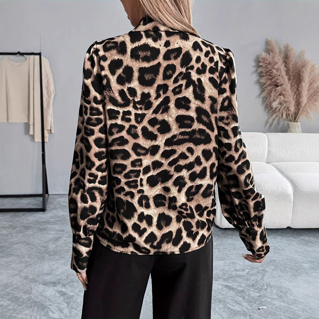 Spring Leopard Print Printing Collared Single Breasted Loose Casual Long Sleeves Shirt Top