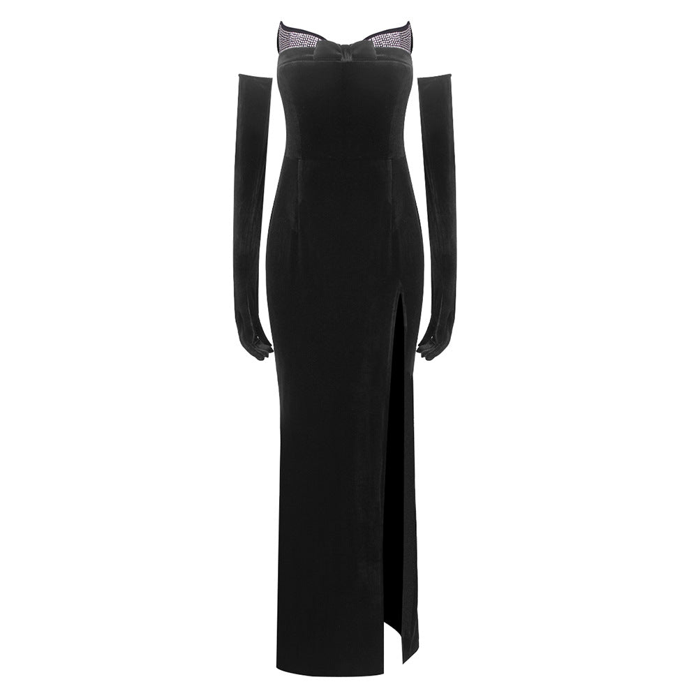 Summer Women Clothing Drilling Strapless Dress with Gloves Sexy Black Dress Black