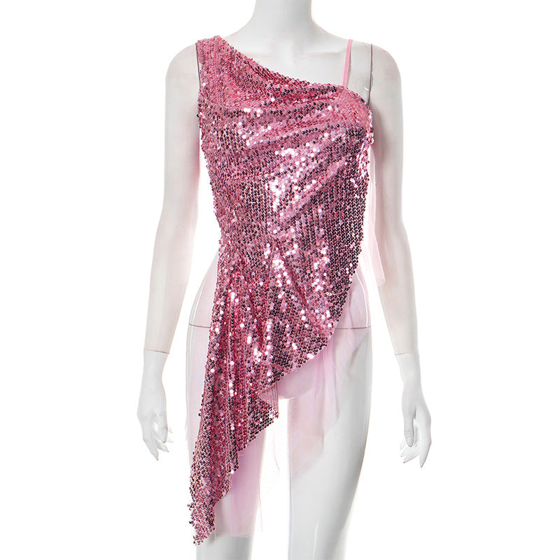 Women Clothing Summer Shoulder Sleeveless Sequined Short Sexy T Shirt Pink