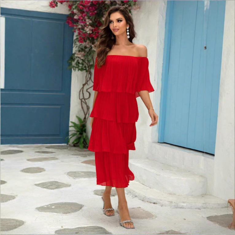 Women Clothing Elegant Boat Neck Pleated Ruffled Dress Maxi Dress