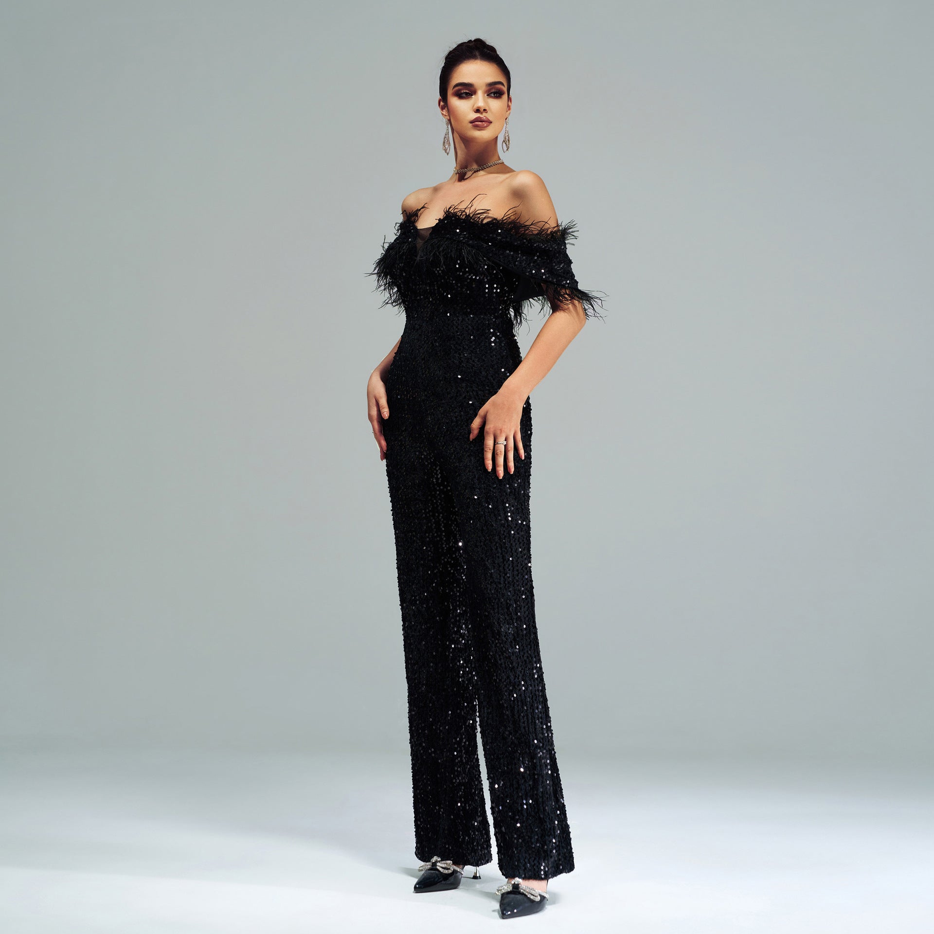 Women Clothing High End Sexy Long off Neck Sequined Cocktail Jumpsuit Evening Dress Bridesmaid Dress