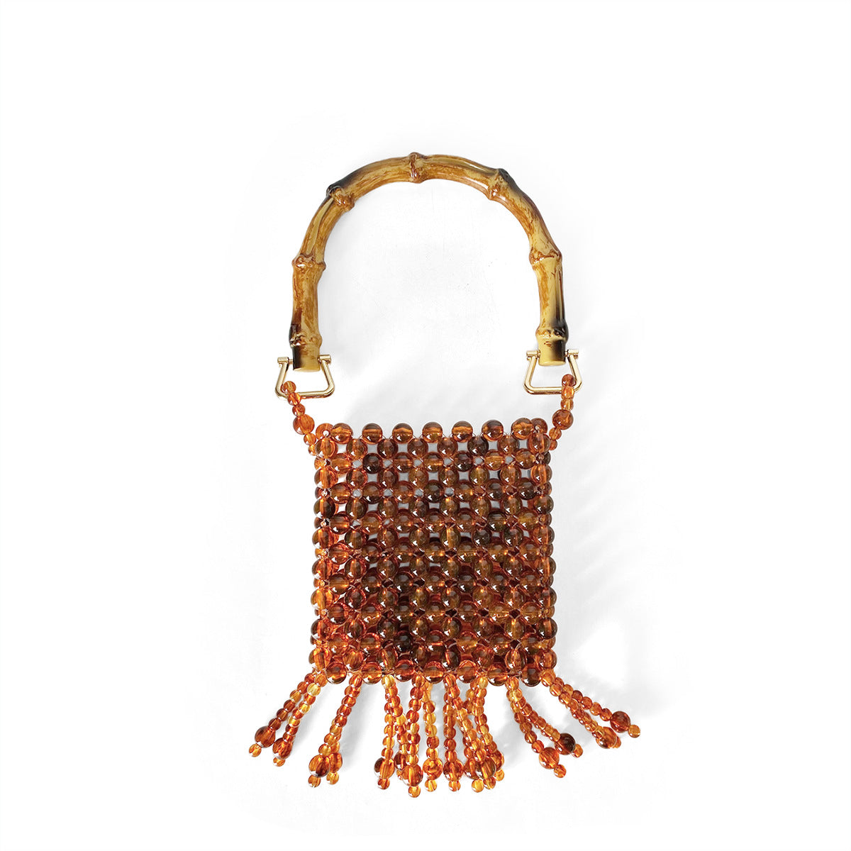 Autumn 24 Faux Bamboo Hand Woven Beads Pearl Tassel Cocktail Amber Handbag One Size Brown