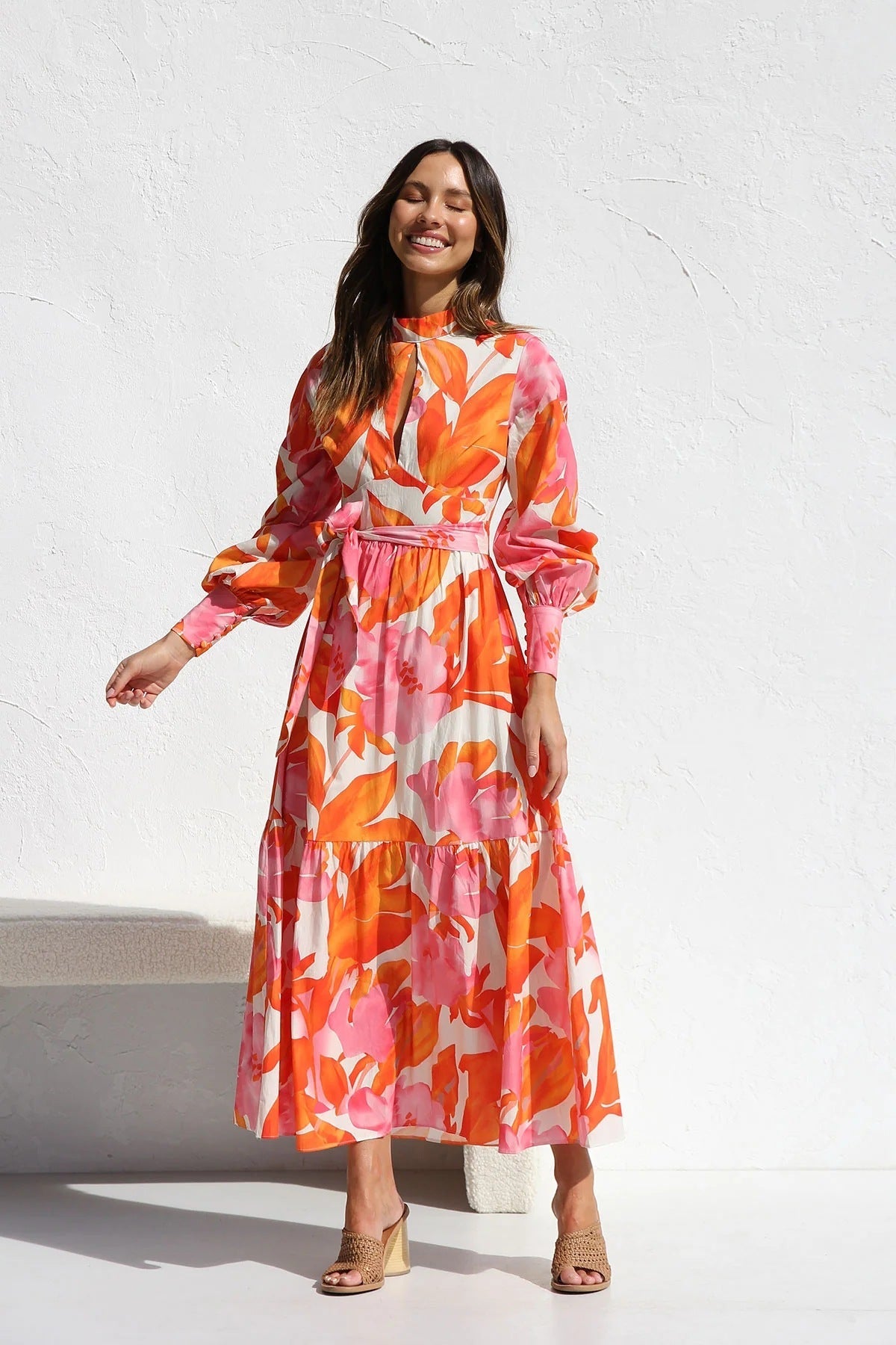 Years Printed Pleated Oversized Swing Waist Lantern Sleeve Maxi Dress Orange