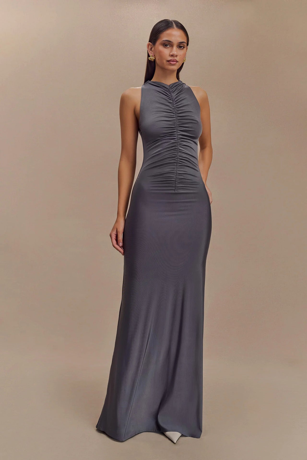 Women Clothing Sexy Autumn Winter Sleeveless Pleated Solid Color Maxi Dress Gray