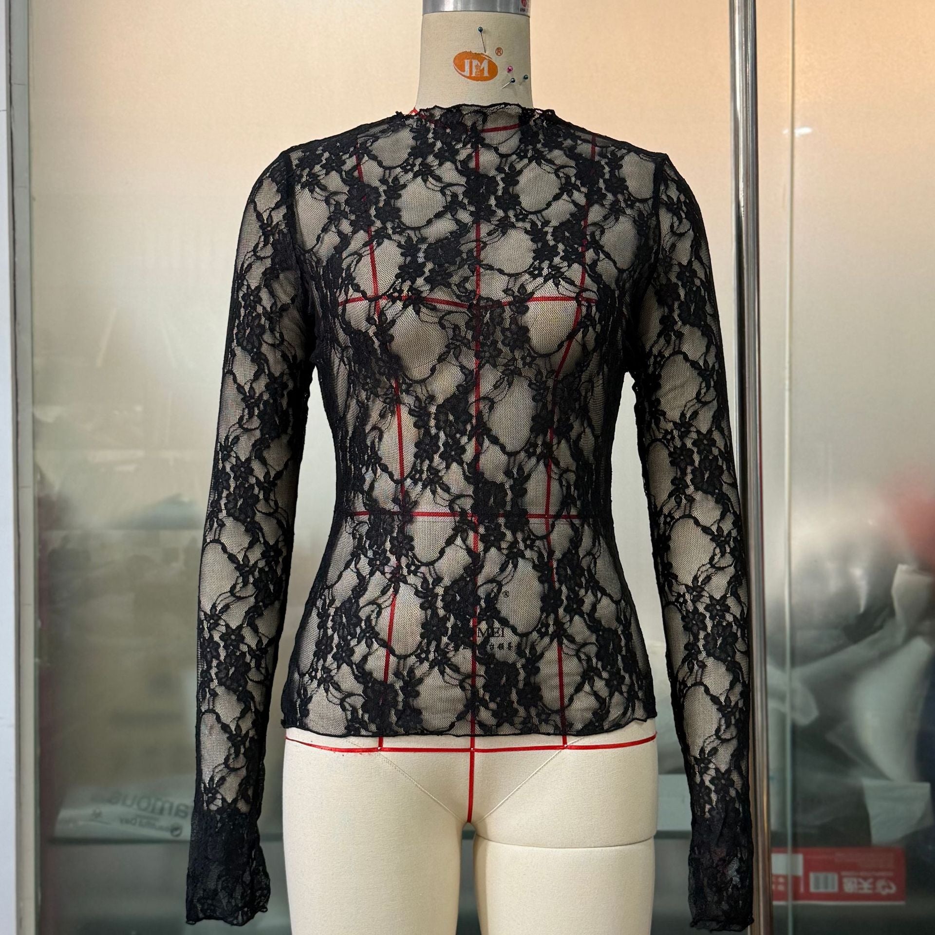 Women Clothes See through Hollow Out Cutout Mesh Sexy Lace Solid Color Multi Color Long Sleeve Half Collar Top Black