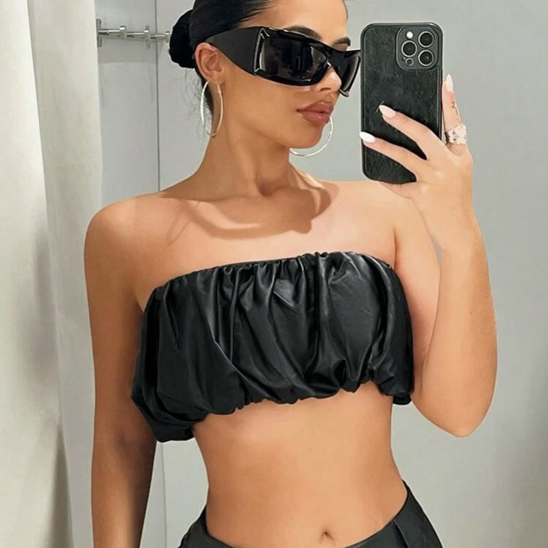 Summer Women Clothing Sexy Sexy Short Tube Top Ruffle Hip Short Skirt Two Piece Set Black