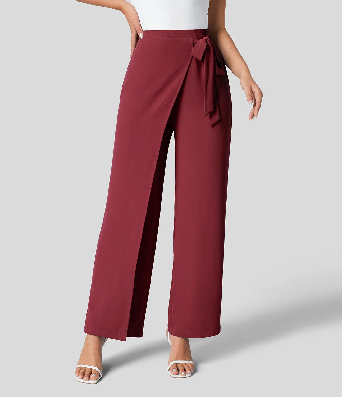 Workwear Women Work Pant Casual Texture Wide Leg Professional Trousers Belt Pants Burgundy