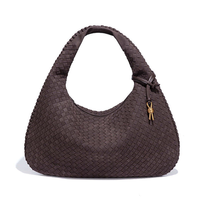 Woven Bag Dumplings Bag Hand Carry Office Underarm Bag Autumn Winter Retro Suede Surface Soft Leather One Size Coffee