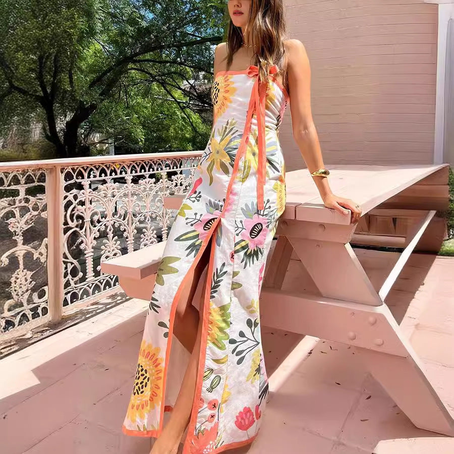 Summer Sexy Split Wrapped Chest Printing Dress Women