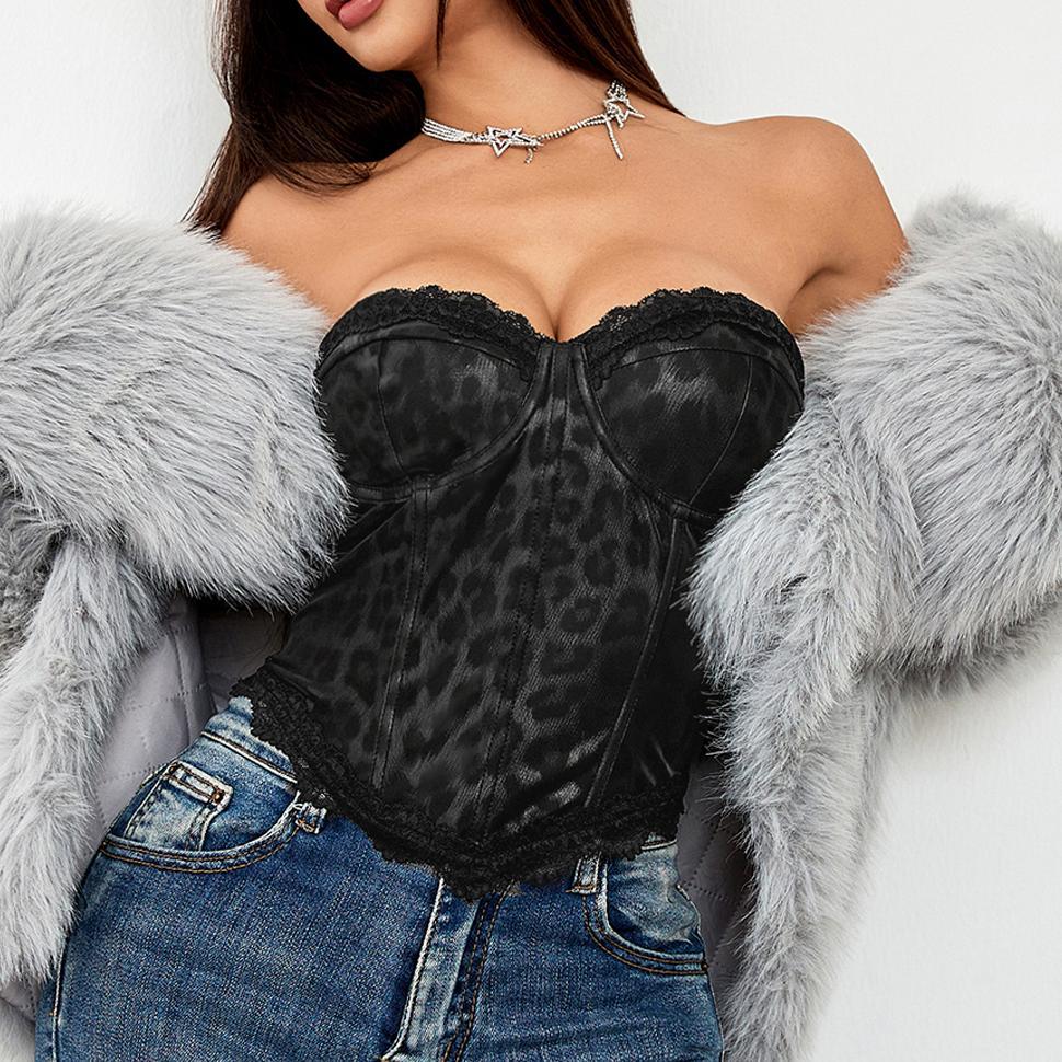 Women Sexy Sexy Leopard Splicing Lace Corset Boning Corset Sexy Bra Vest