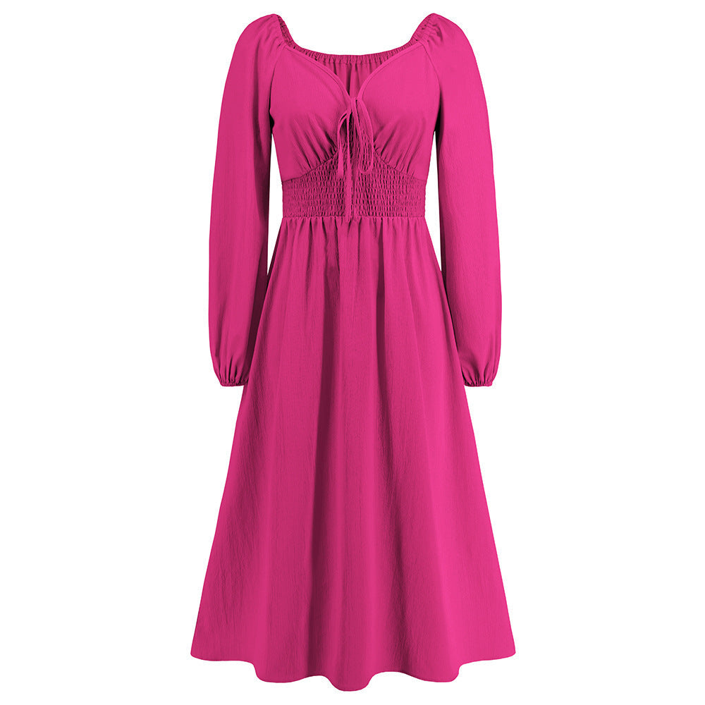 Women Clothing Autumn Winter V Neck Slim Fit Graceful Long Sleeve Women Dress Pink