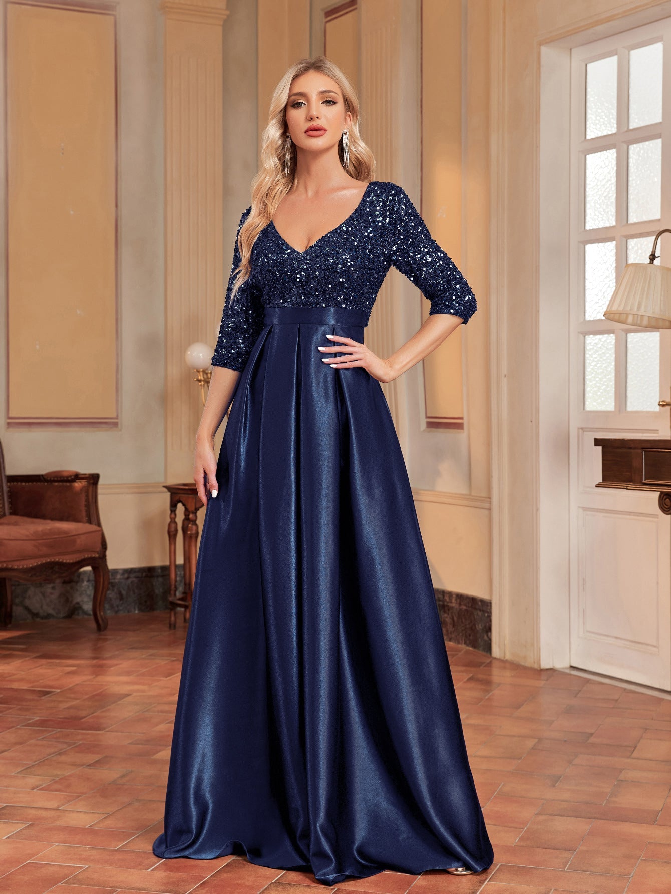 V neck Long Sleeve Sequined Elegant Prom Evening Party Dress Navy Blue