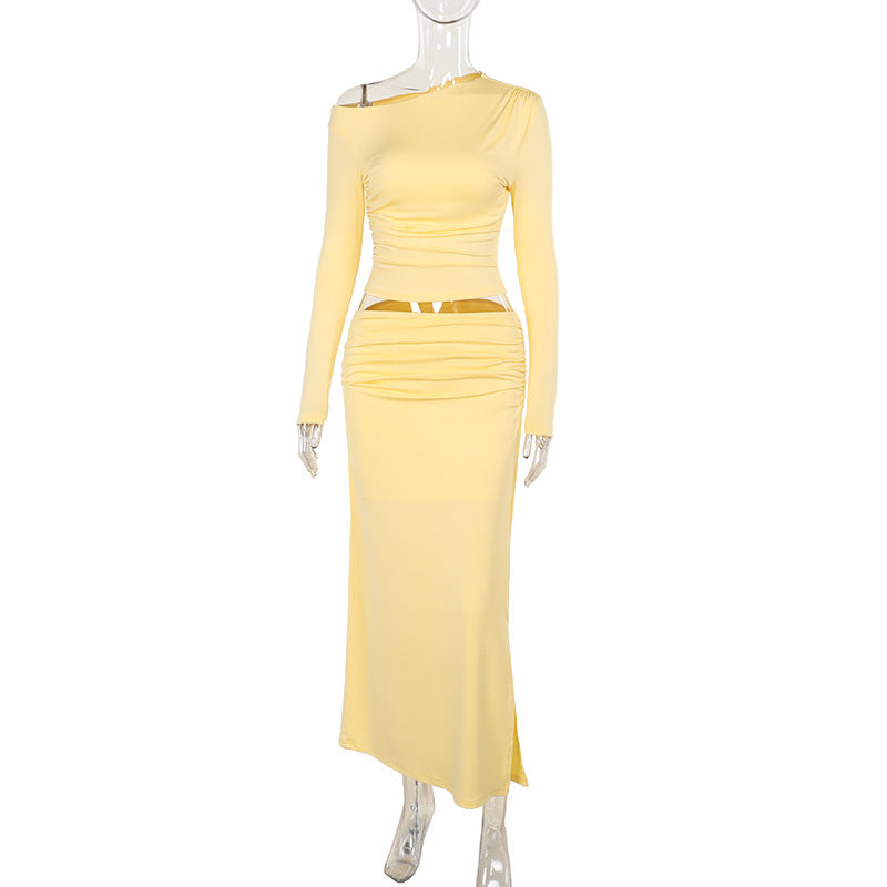 Autumn Solid Color Casual Slim Fit Shoulder Long Sleeve Mid Length Skirt Set Women Yellow