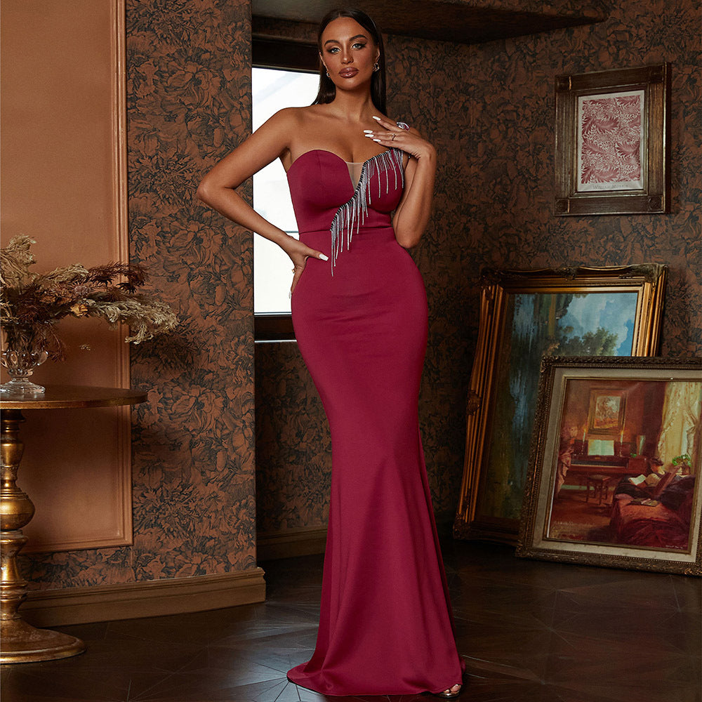 Women Sleeveless Off Neck Elegant Slim Fit Long Solid Color Cocktail Bridesmaid Dress Burgundy