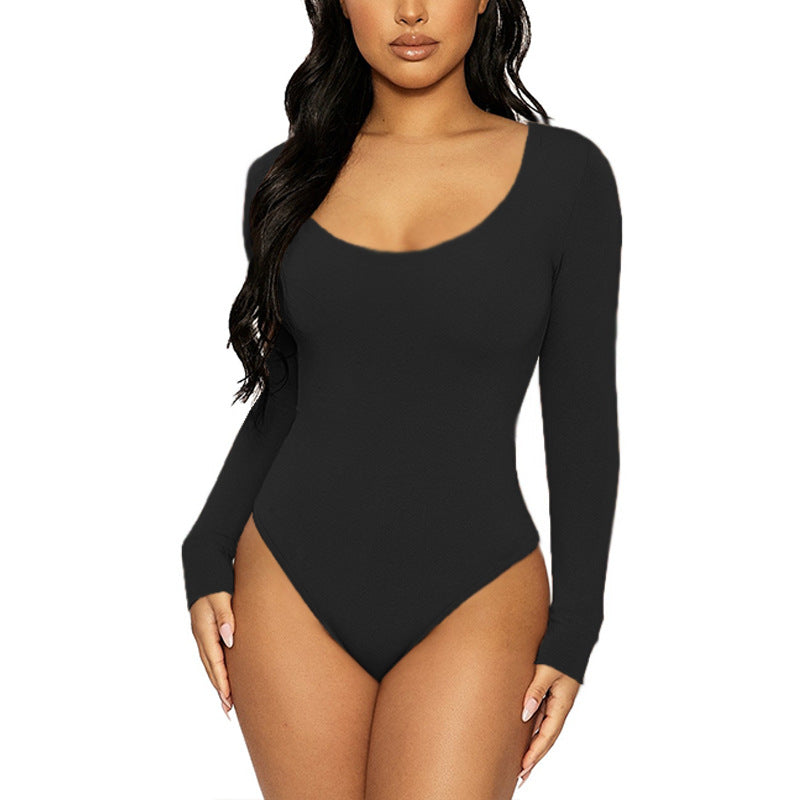 Women Clothing Spring Bottoming Top Slim Fit round Neck Long Sleeves Jumpsuit Bodysuit Black