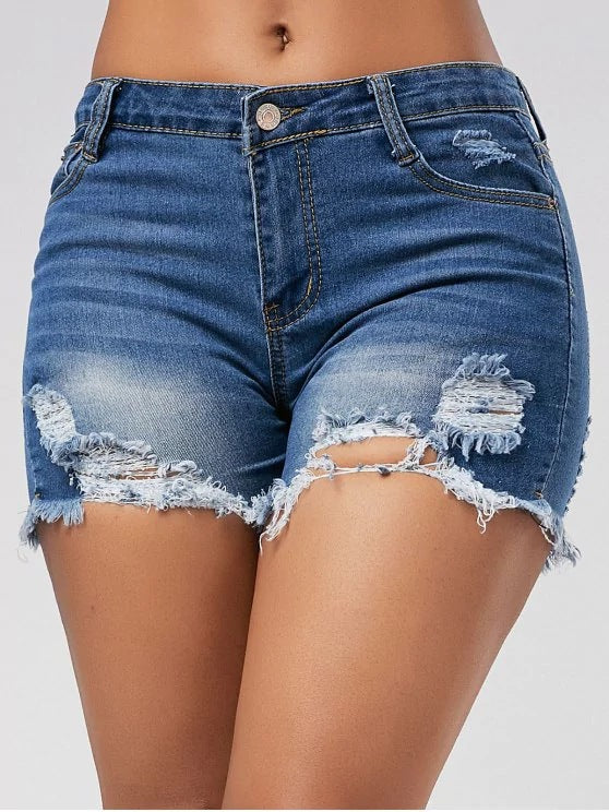 Supply Ripped Horsetail Tassel Denim Shorts Women Navy Blue