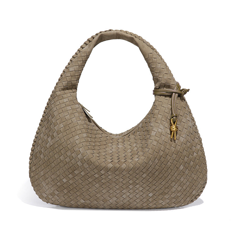 Woven Bag Dumplings Bag Hand Carry Office Underarm Bag Autumn Winter Retro Suede Surface Soft Leather One Size Pine Tea