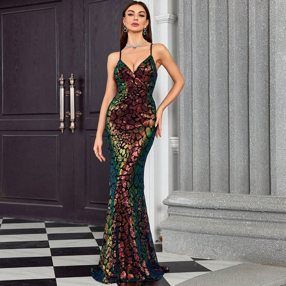 V neck Brace Evening Dress Fishtail Elegant Dress Annual Party Party Host Formal Dress Women Multi