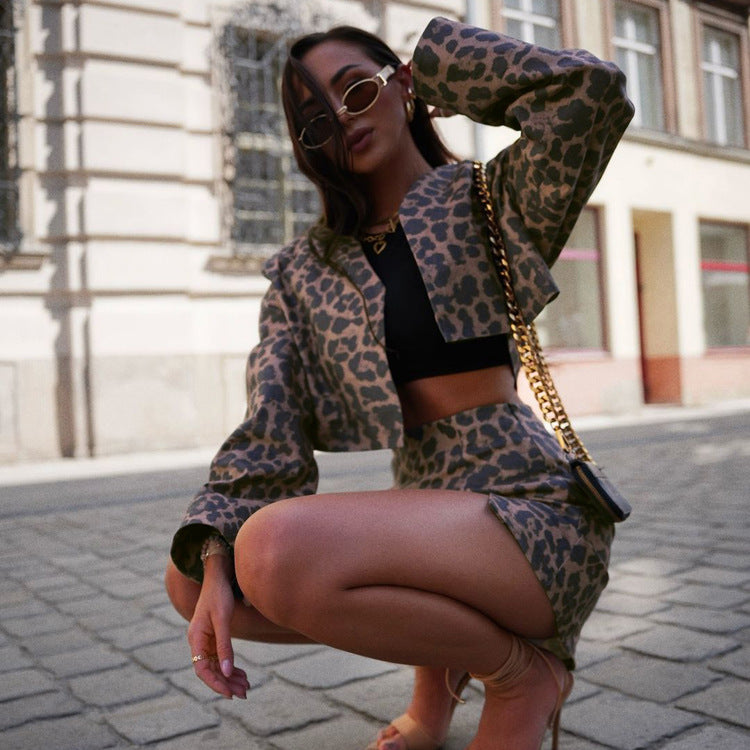 Women Clothing Personality Street Leopard Print Skirt Set Women Long Sleeved Short Top Slit Sheath Skirt Two Piece Set