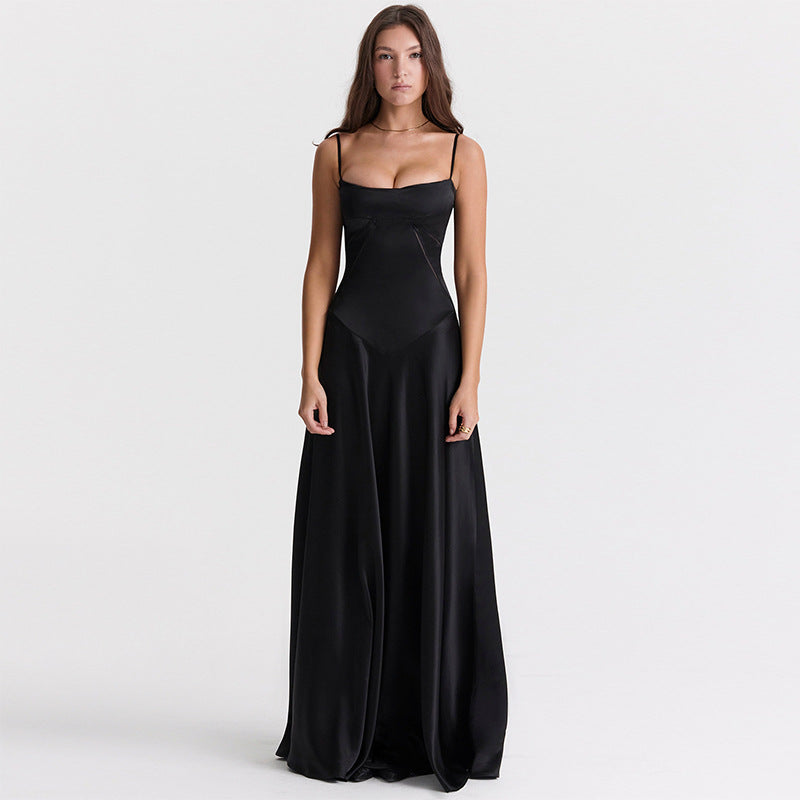 Women Wear Sexy Sling Dress Slim Fit Backless Maxi Dress Women Evening Dress Pure black