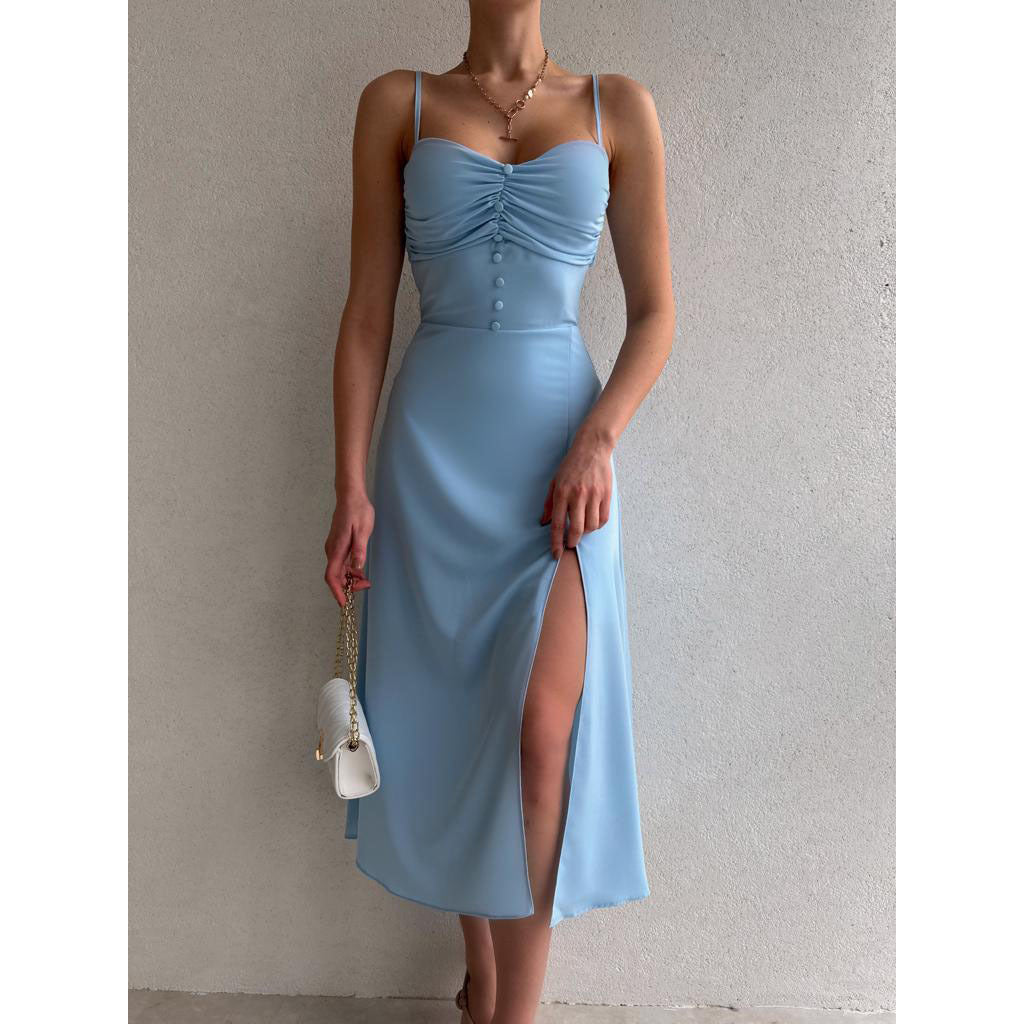 Summer Trendy Waist Trimming Spaghetti Straps Dress Light Blue