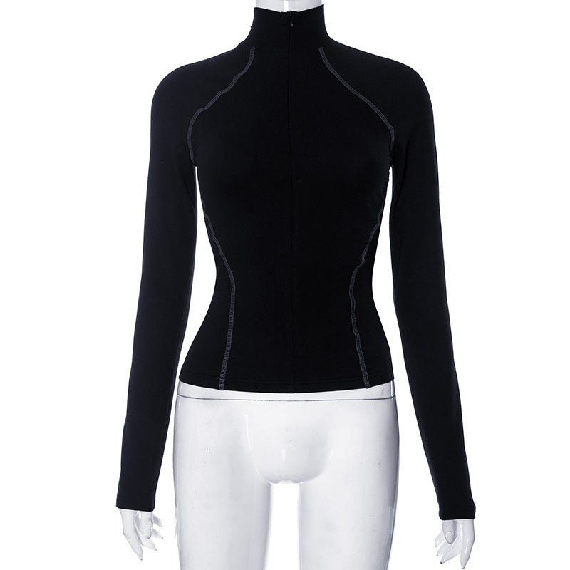 Women Autumn Winter Long Sleeve Zipper Base All Matching Sexy Top Black