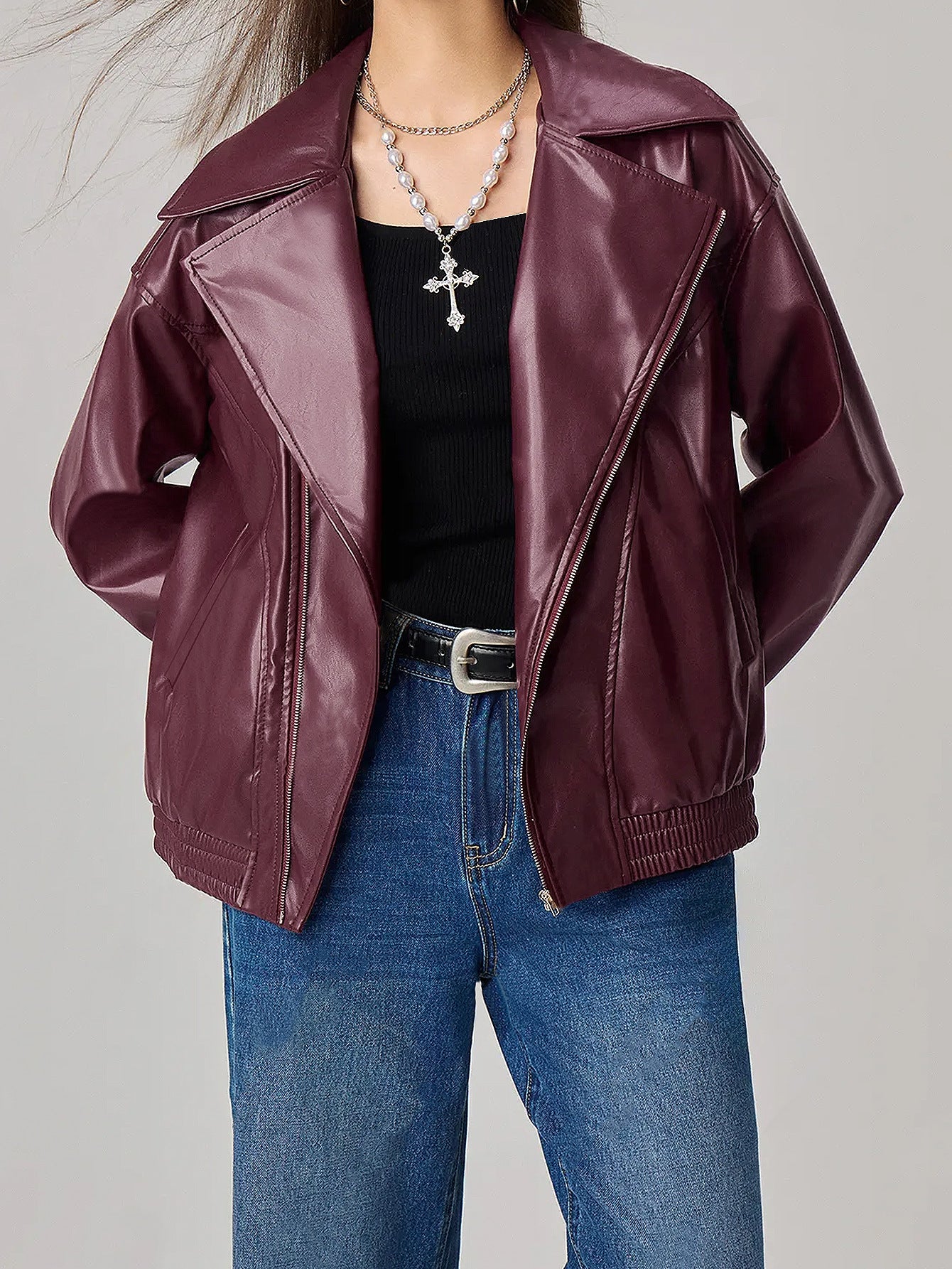 Women Clothing Loose Fitting Long Sleeves Leather Jacket Coat Burgundy