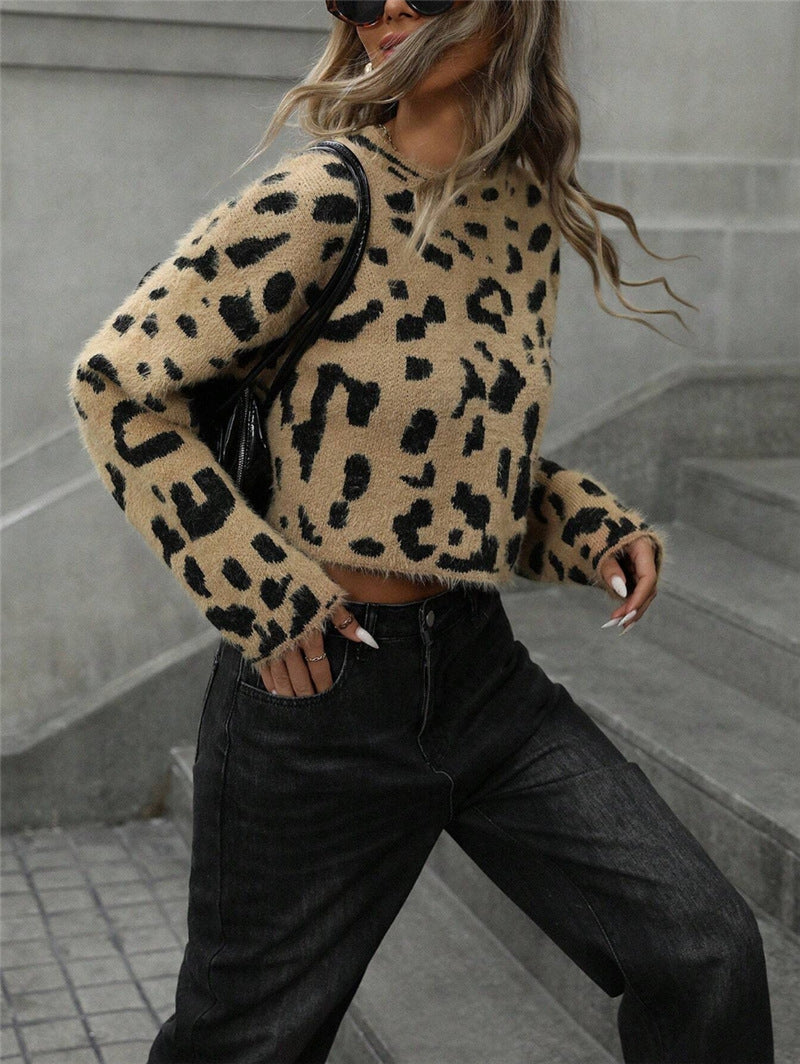 Women Clothing Autumn Winter Leopard Print Top Knitted Simple Multi