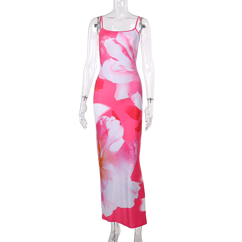 Women Printing Slip Dress Autumn Sexy Waist Tight Hip Dress Pink