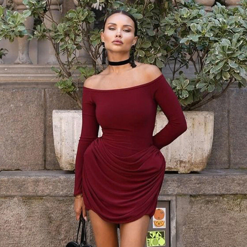 Women Autumn Solid Color off Shoulder Long Sleeve High Waist Short Dress