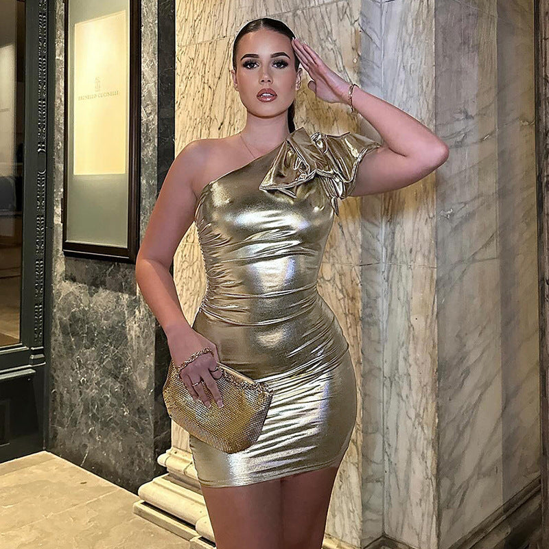 Women Sexy Bow One Shoulder Metallic Tight Dress