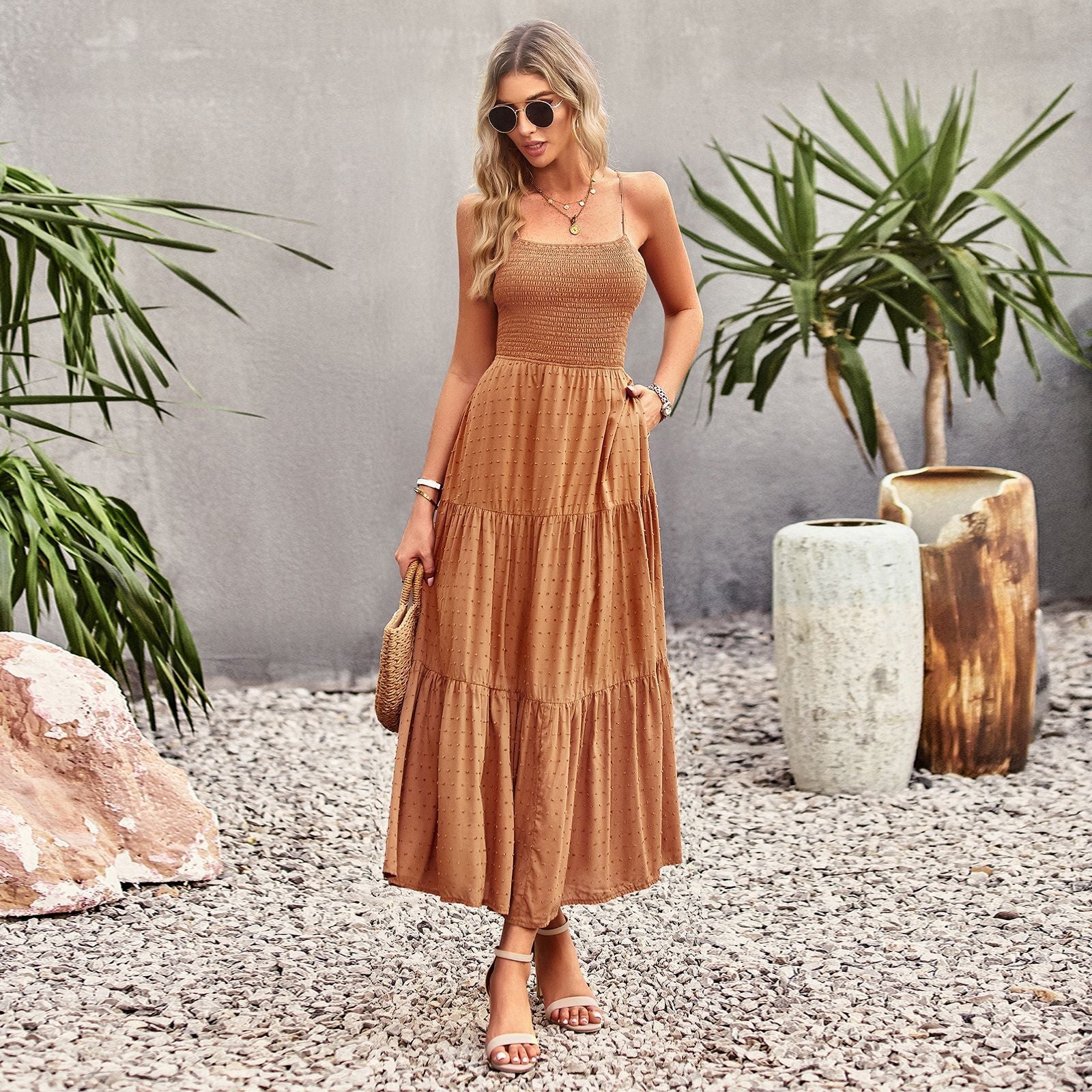 Women Solid Color Dress Women Summer Elegant Dress Maxi Dress Orange