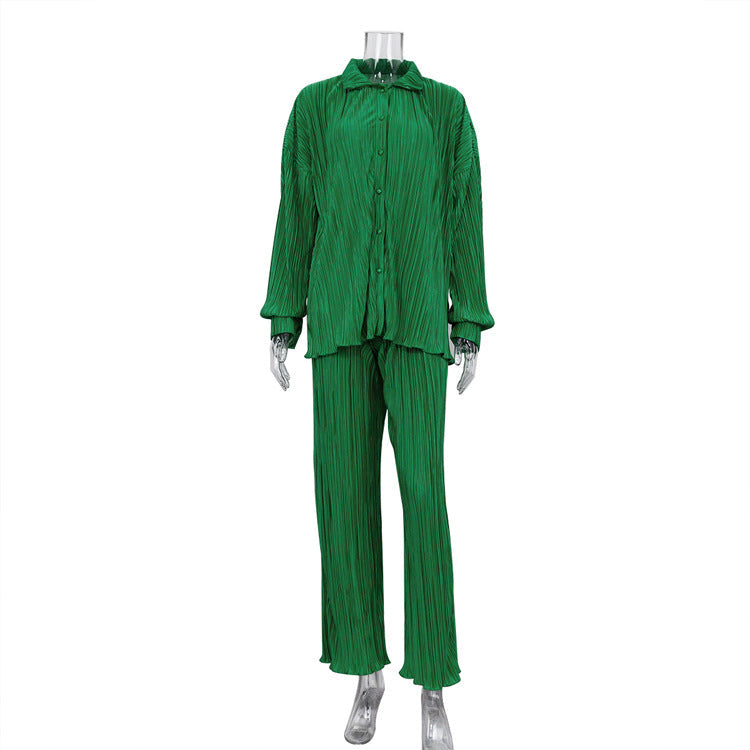 Women Clothing Long Sleeve Loose Fitting Pleated Wide Leg Pants Two Piece Set Autumn Sexy Retro Design Casual Suit L Green