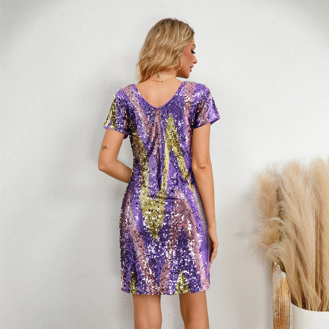 V neck Dress Color Matching Cool Sequined Party Evening Hip