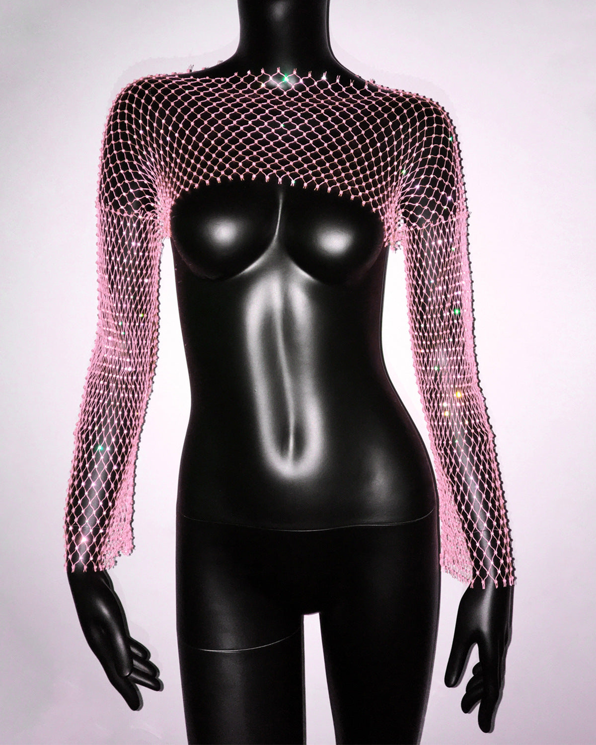 Women Clothing Fishnet Rhinestone Long Sleeved Top Stretch Sexy T shirt One Size Pink